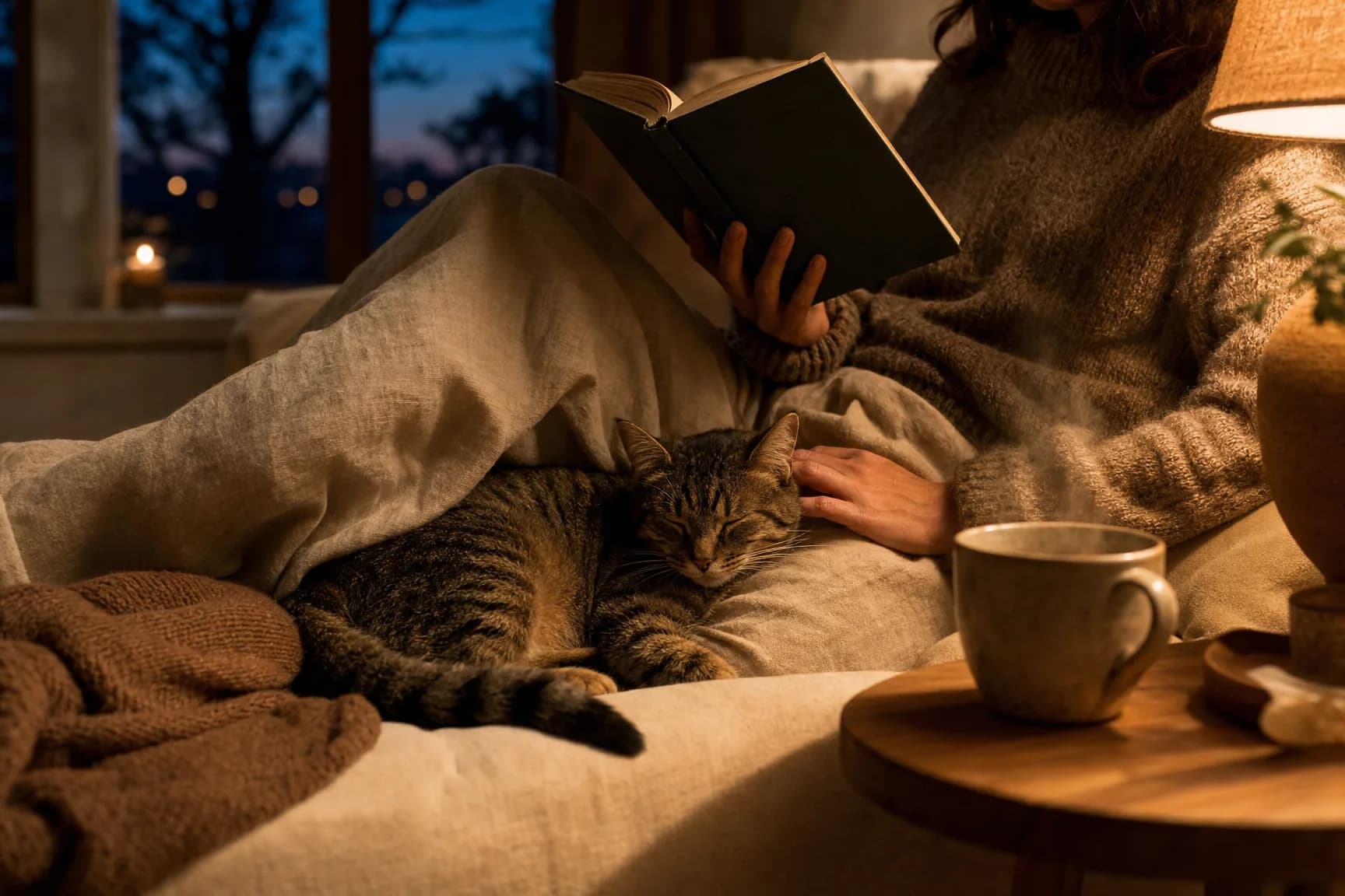 A neighbour reading at night with a cat asleep against them