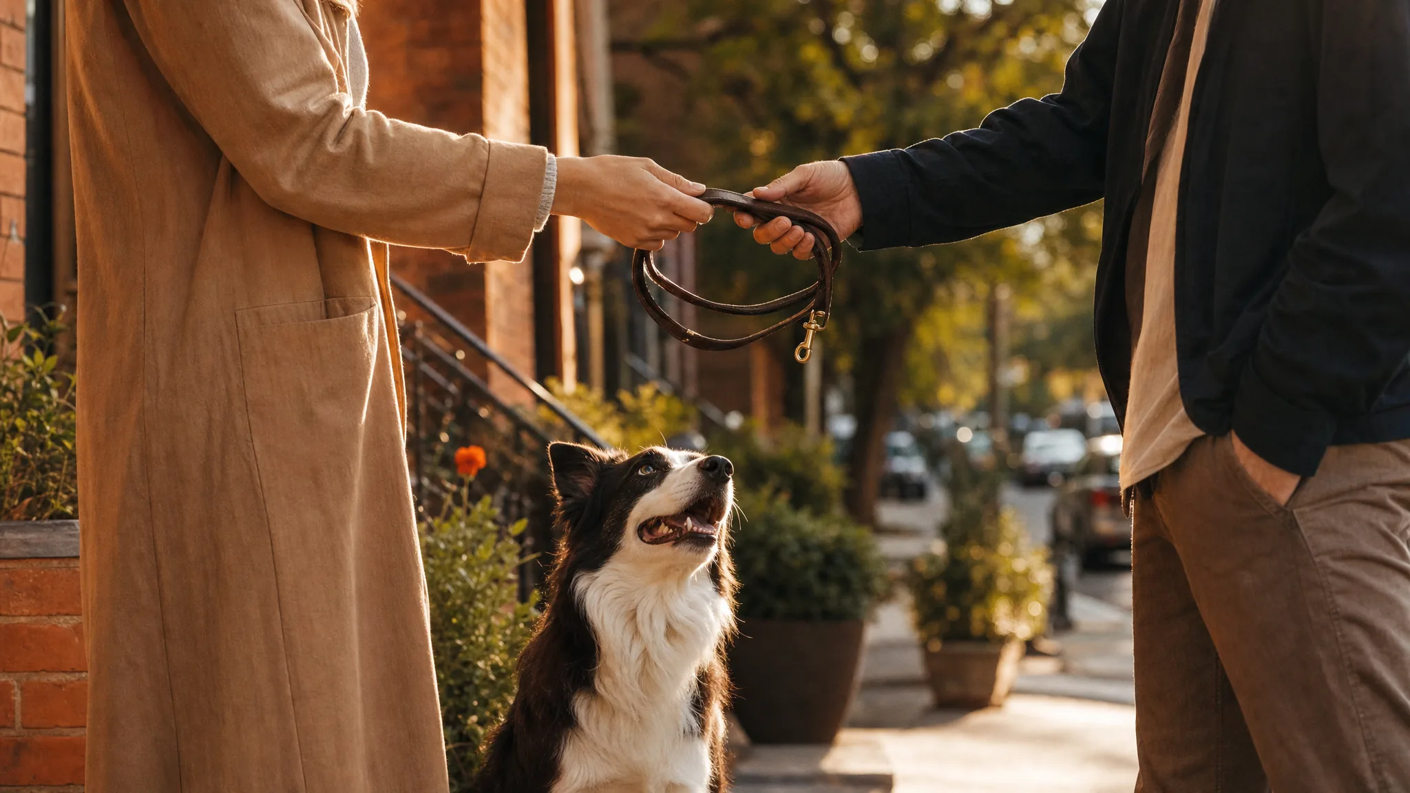 Two neighbours exchanging a dog leash on a Toronto doorstep