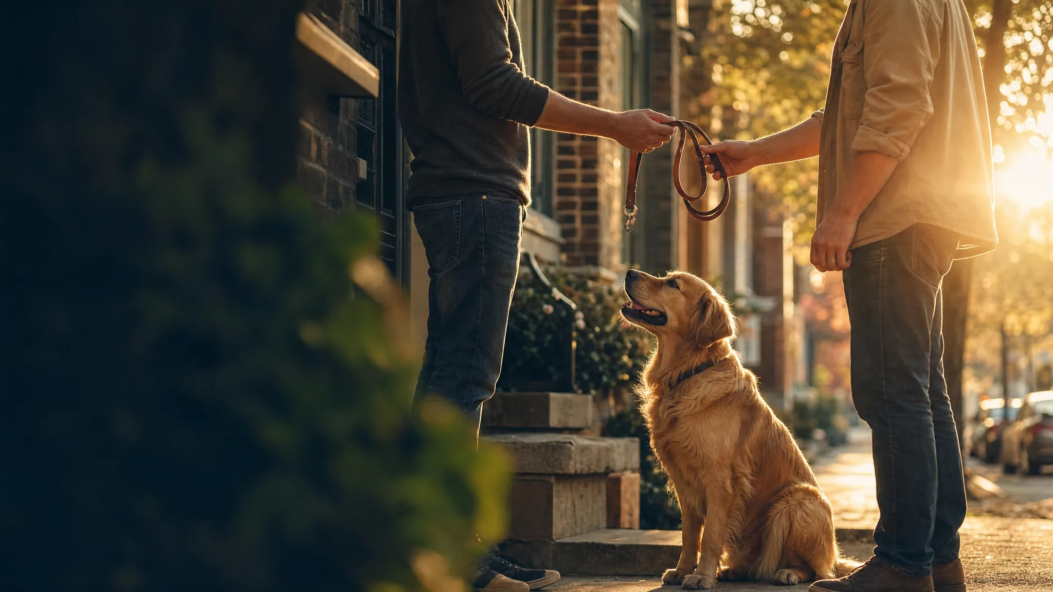 Two Toronto neighbours handing over a dog's leash at golden hour, the golden retriever waiting between them