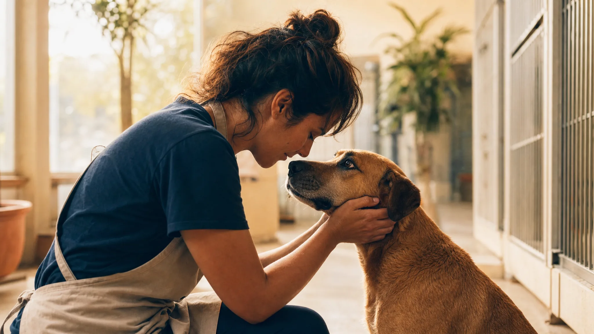 A shelter volunteer forehead to forehead with a rescue dog