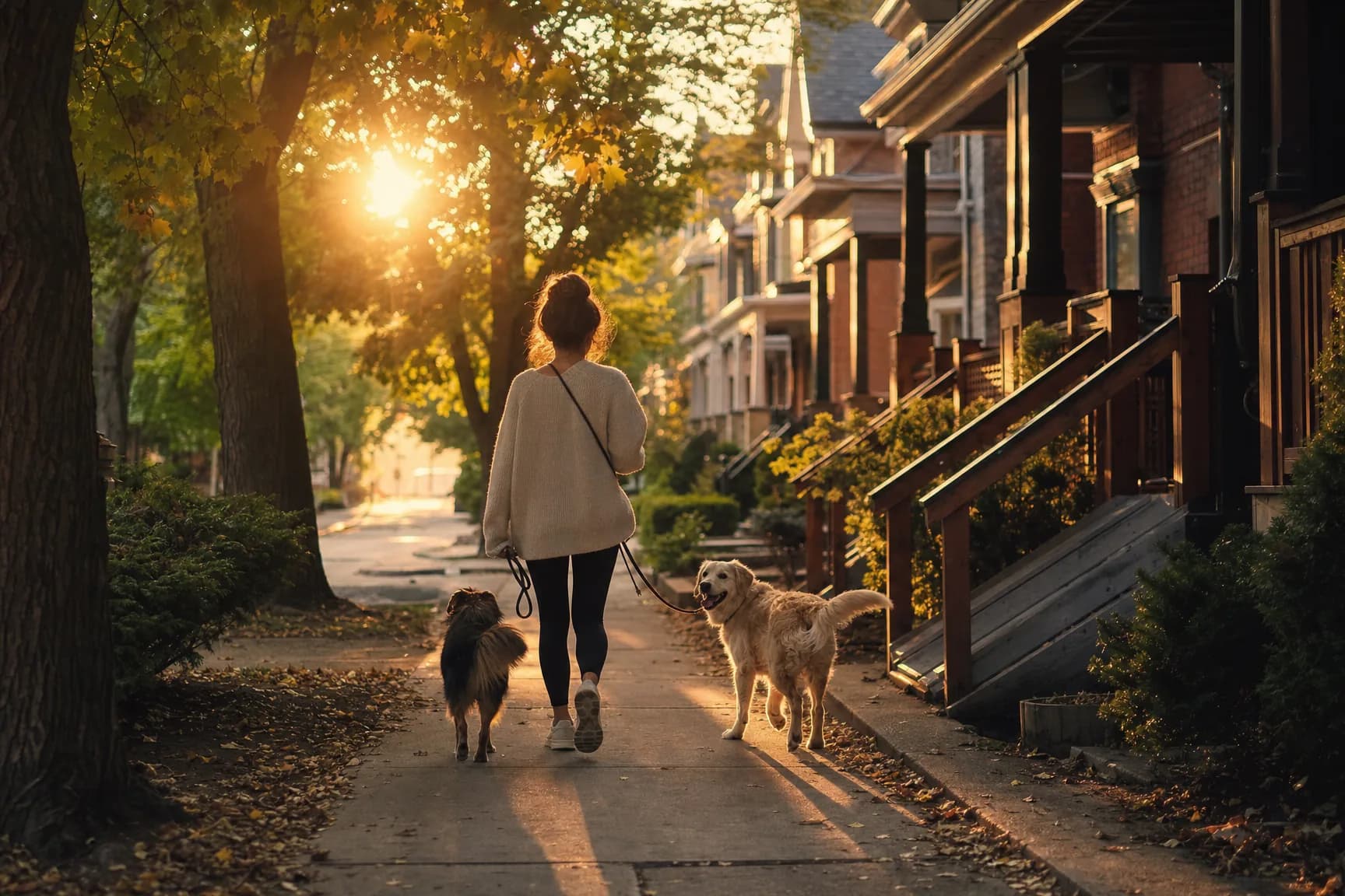 A woman walking two dogs down a golden Toronto street